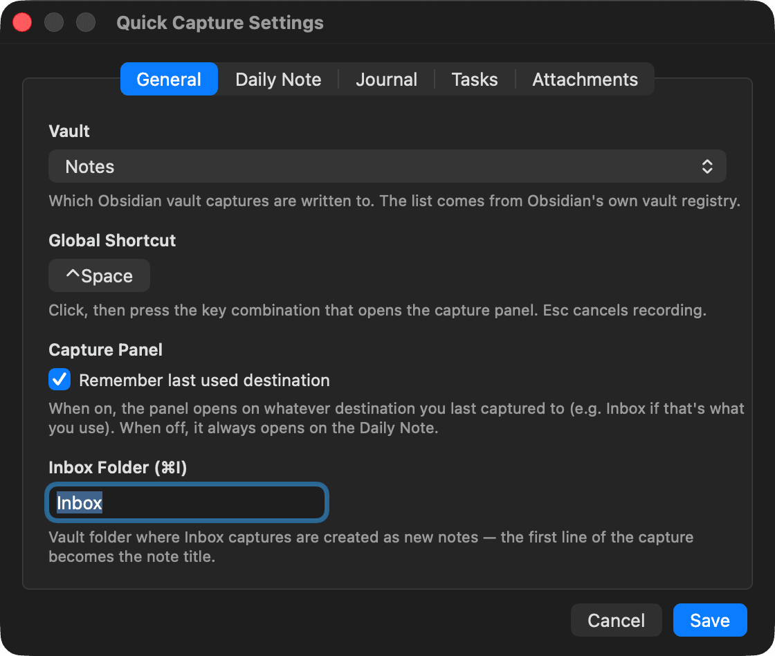 Quick Capture's native Settings window with General, Daily Note, Journal, Tasks, and Attachments tabs